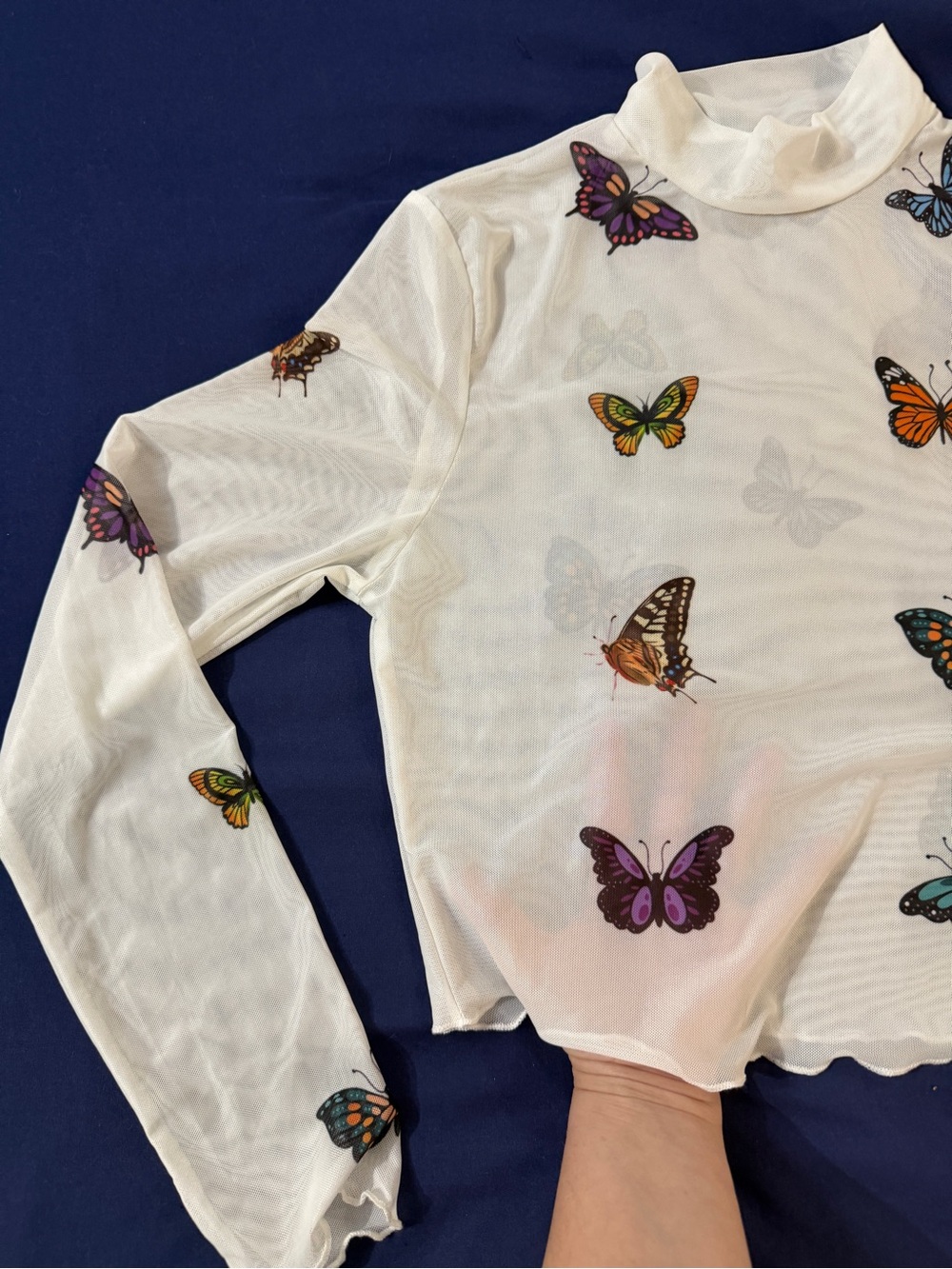 Women’s White Butterfly Print sheer Mesh crop-ish Top - Picture 3 of 4